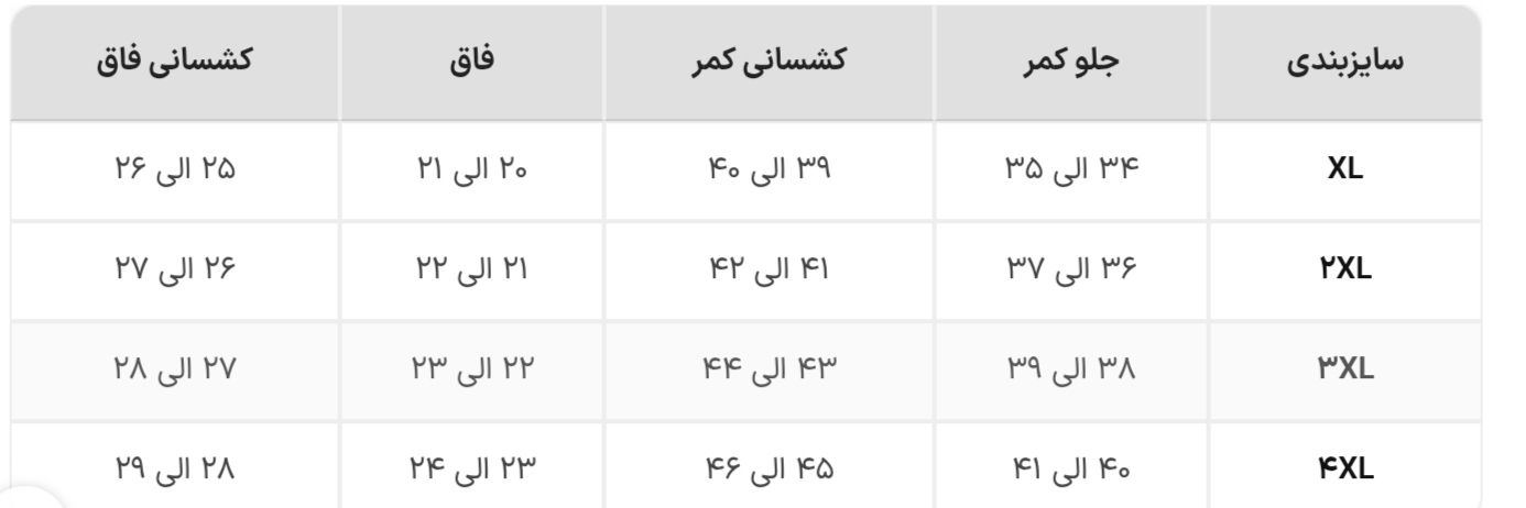 جدول سایزبندی یاشین